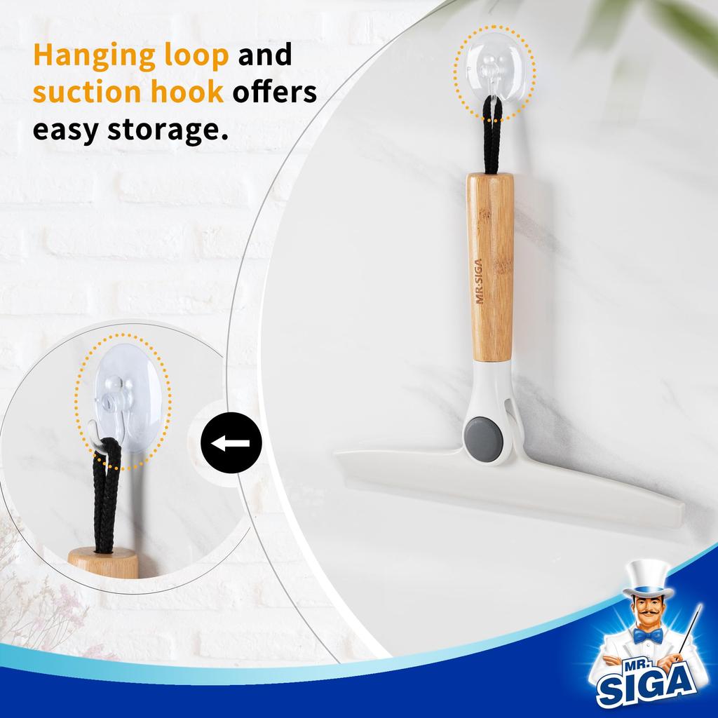 Rotatable Silicone Squeegee Suction Cup Bamboo Handle for W25 X MR.SIGA (with Hook) Bathroom, Mirrors, Windows, Approx. H20.5cm
