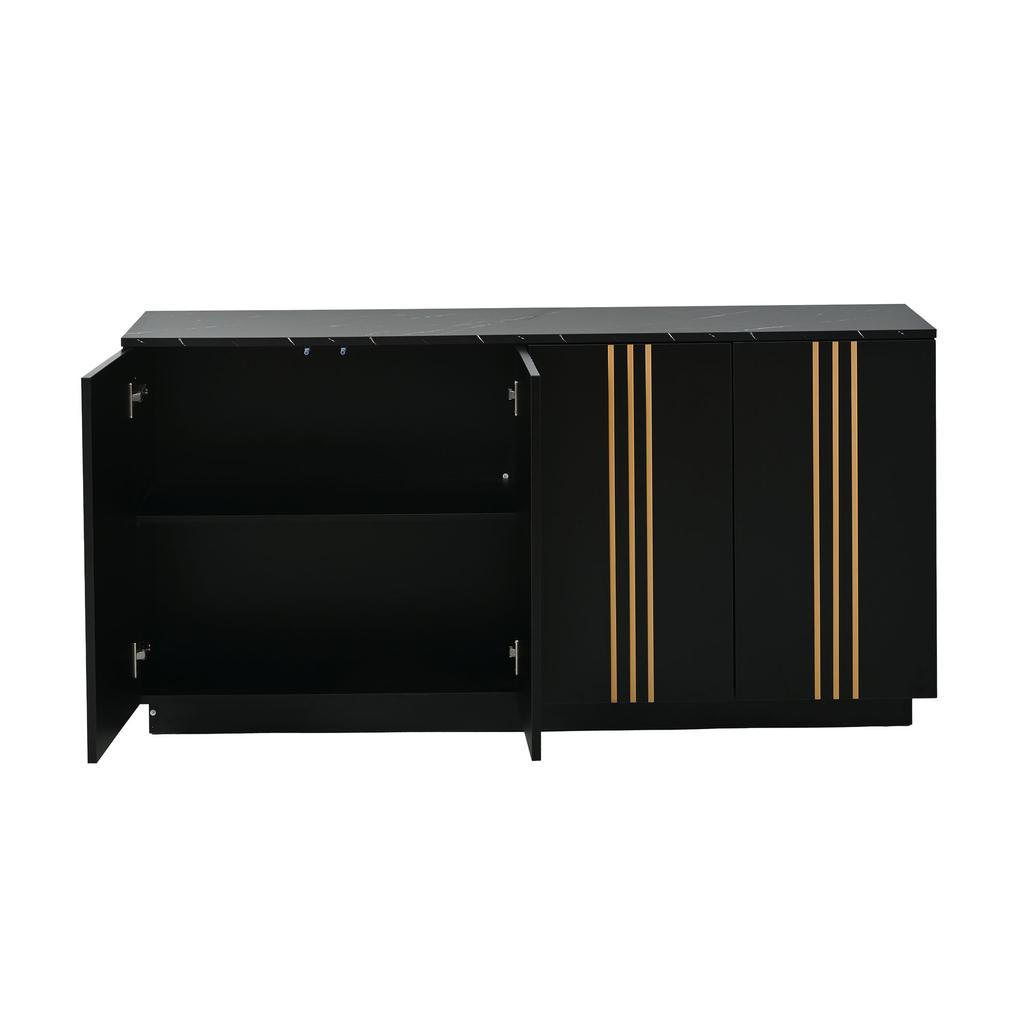 Sideboard, Schrank mit 4 Türen, 35 x 140 x 70 cm, Vergoldete Linien, Schrank mit verstellbaren Einlegeböden, Geeignet für Wohnzimmer und Schlafzimmer, Schwarz+Gold
