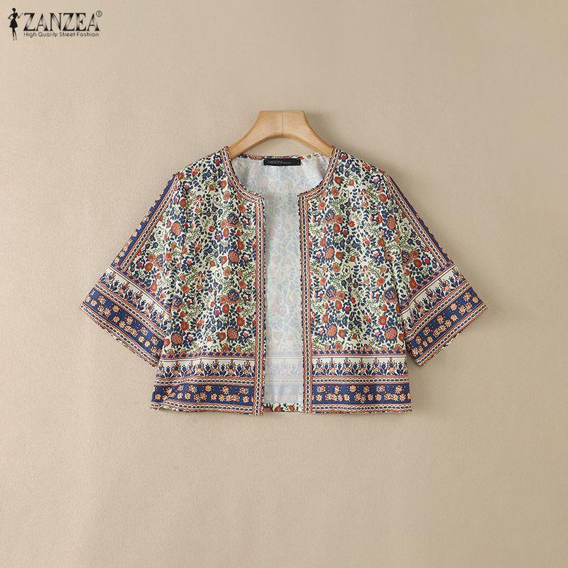 ZANZEA Women Bohemian Floral Print Open Front Cropped Half Sleeve Vintage Casual Holiday Tops Blouse