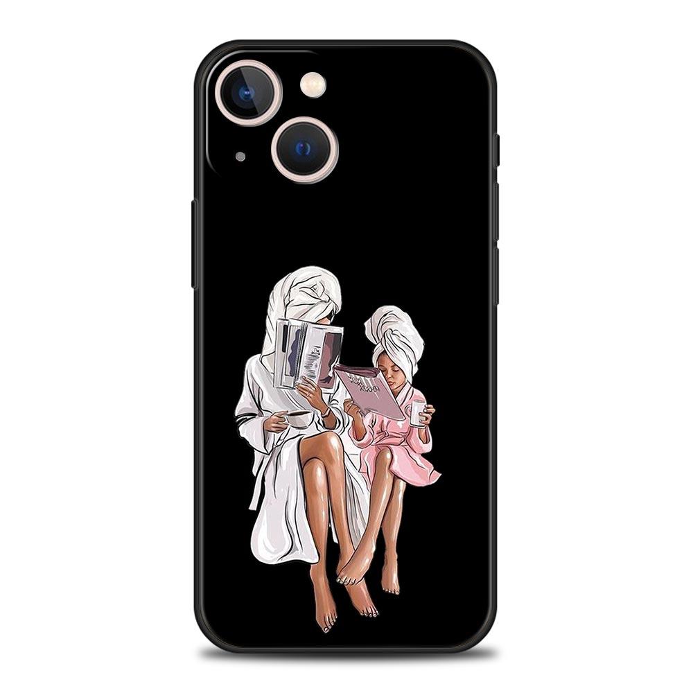Schwarz Braun Haar Baby Mama Mädchen Sohn Telefon Fall Für iPhone 13 15 14 12 Mini 11 Pro MAX XR X SE XS 7 8 Plus Silikon Schwarz Abdeckung