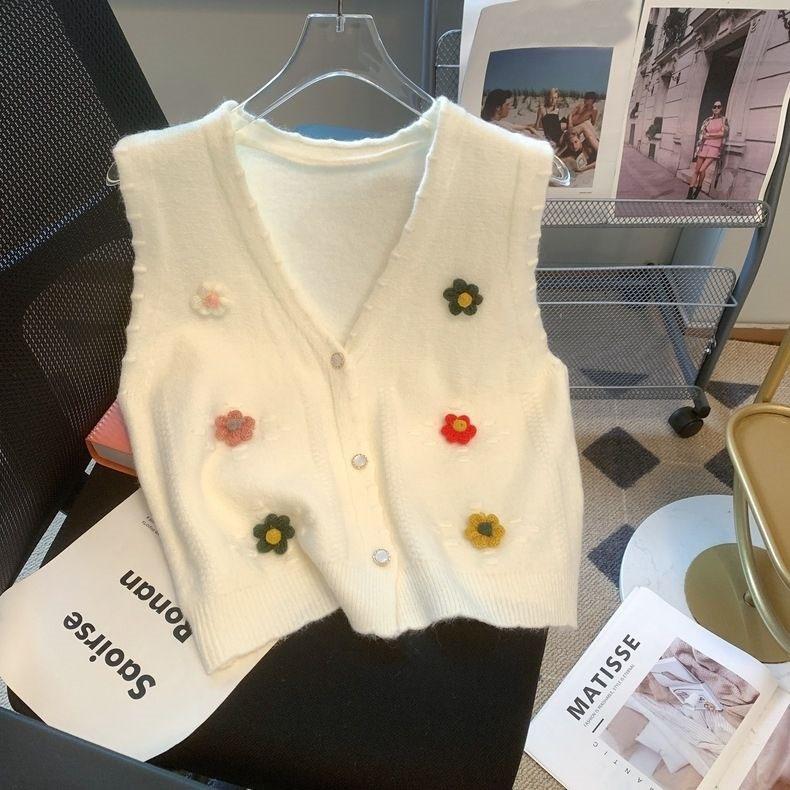 Roztomilá květinová pletená kardiganová vesta korejská edice elegantní svetr vesta volná zmenšující malý kabátek bez rukávů top jarní kardiganová vesta