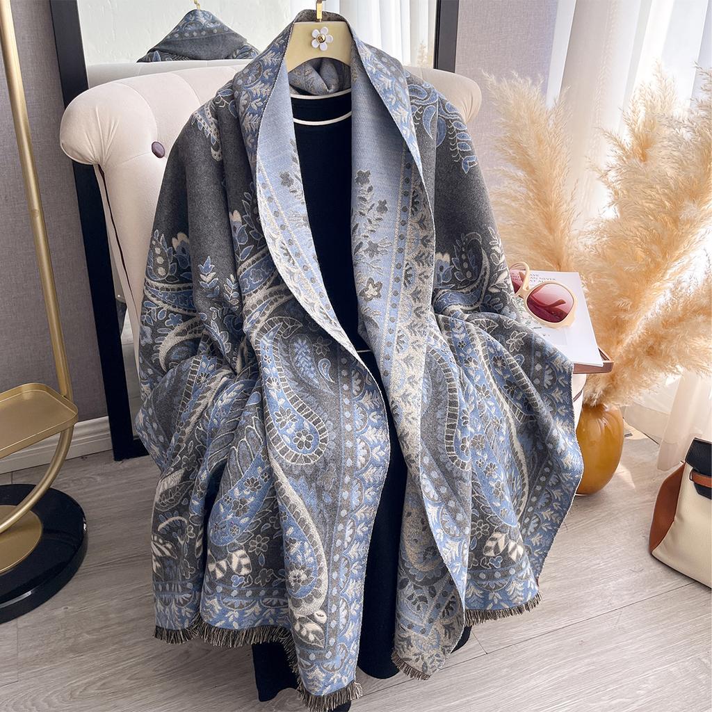 New Women's Faux Cashmere Double-Sided Print Scarf Soft Cozy Pashmina Shawl Autumn Winter Cold-Resistant Windproof Blanket
