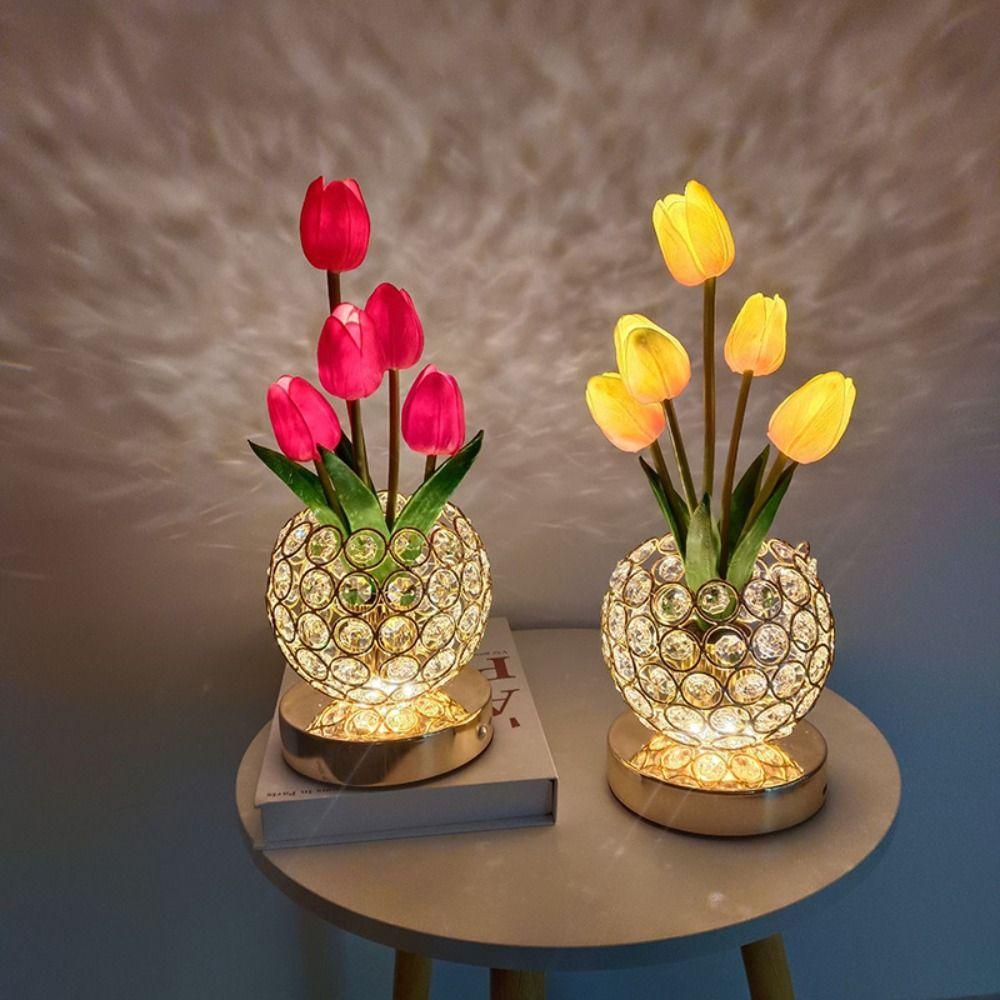 USB Charge Tulip Crystal Flower Lamps 3 Color Night Lamp Unique Flower Light  Bedroom