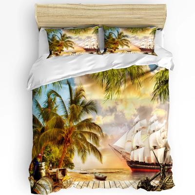 Tropischer Laube Piratenschiff Planke Bettbezug 3-teiliges Bettwäsche-Set Heimtextilien Bettbezug Kissenbezüge Schlafzimmer Bettwäsche-Set Kein Bettlaken