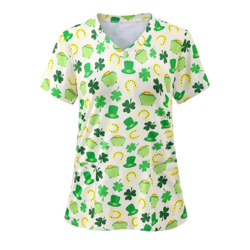 Women's T-shirt V-neck Nurse Uniform Casual Short Sleeved Women's Printed Heart T-shirt