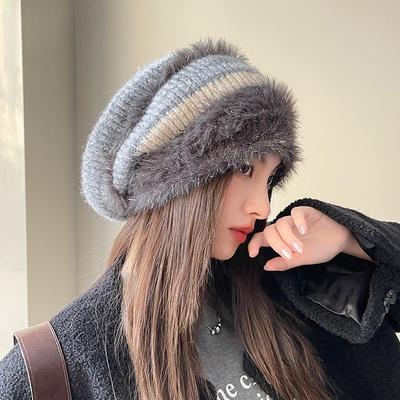 Ladies Hat Autumn and Winter Stacking Hat Plush Ear Protector Knitted Pullover Hat Women's Casual Versatile Thermal Hat Baotou Hat