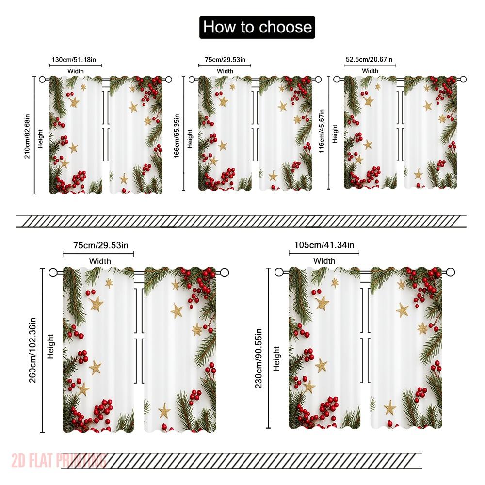 2pcs,2D plane printing Print Curtains Christmas Berry Pine Greenery Polyester (without rod) Decorations Outdoor Ldeal for