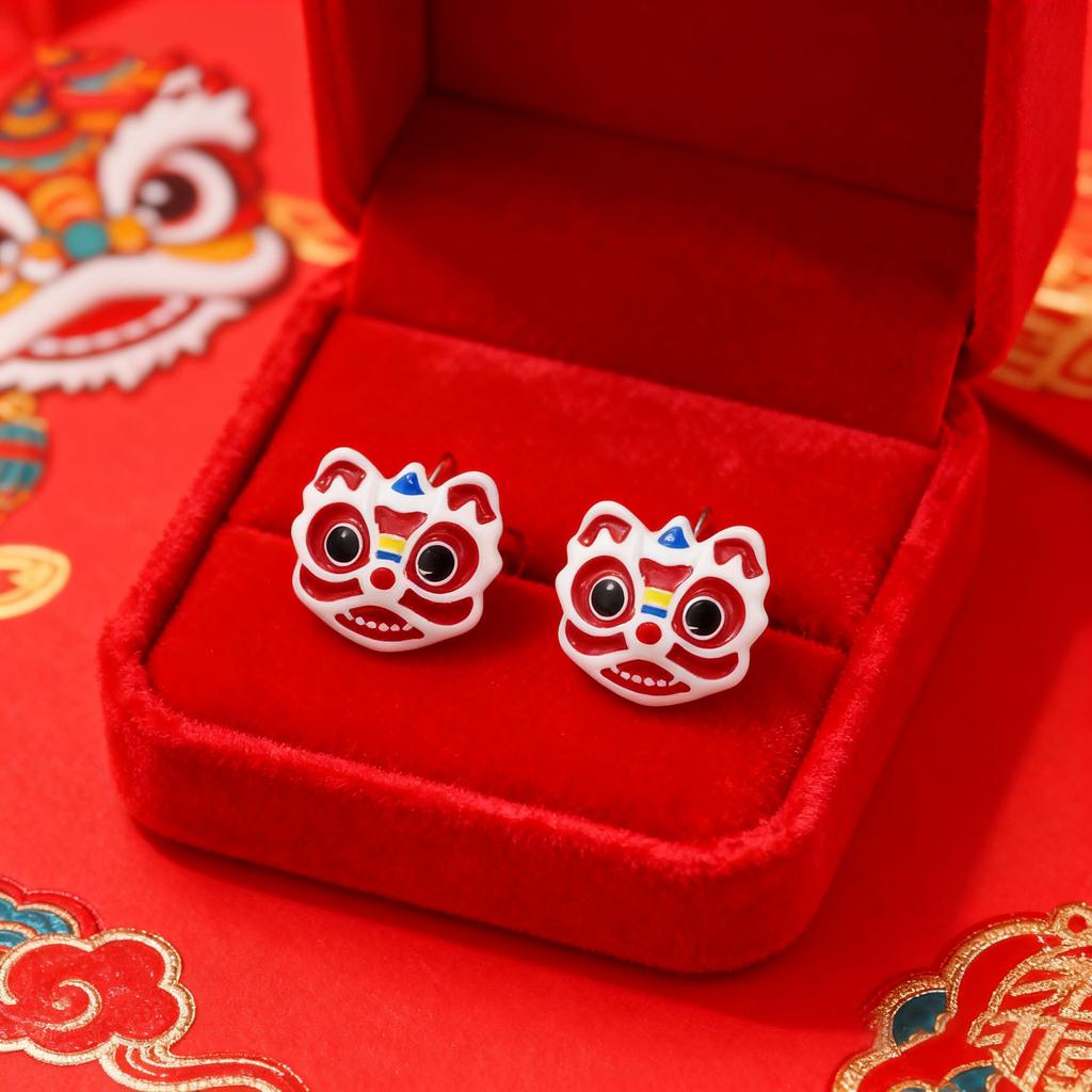 Lion Dancing Earrings New Chinese-style earrings suitable for Chinese New Year wear Spring Festival red wind festive earrings Versatile earrings