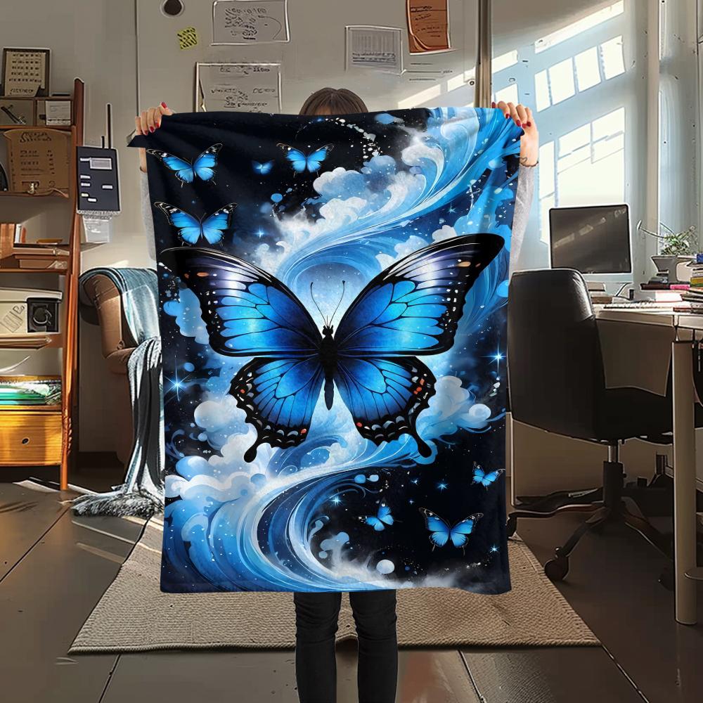 1Pc Blue Butterflies Print Flannel Blanket, High Quality Comfortable for All Seasons, Home Decor, Warmth and Comfort, Perfect for Christmas Gifts