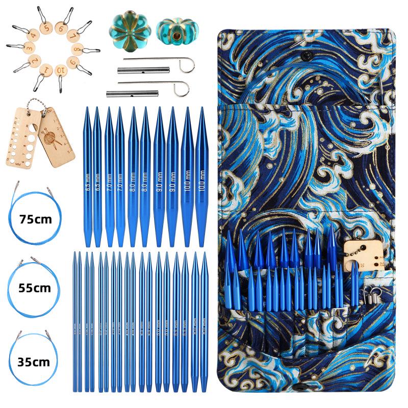 Blue Detachable Circular & Straight Knitting Needle Set with Replaceable Yarn Needles and Rope