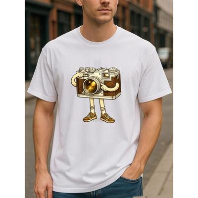 Adorable All-Season T-Shirt for Photography Lovers Featuring a Personified Vintage Camera Design, Perfect for Men, with a Stylish Round Neck