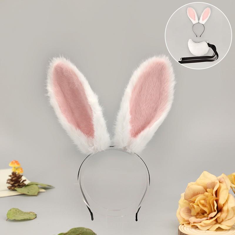 Plush Rabbit Ears Headband Tail Set Easter Costume Party Animal Themed Dress Up Accessory In White Black Camel Gray