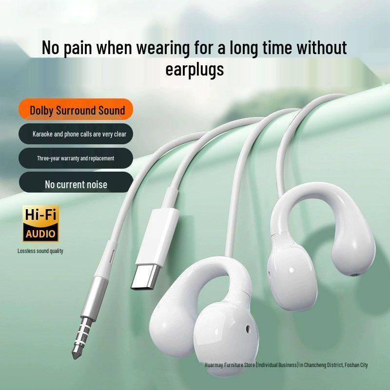 

Type-C Wired Earclip Headphones, Non-In-Ear, Painless for Long Wear, Non-Bone Conduction, High-Quality & Durable 1.2m White, No Mic, Round