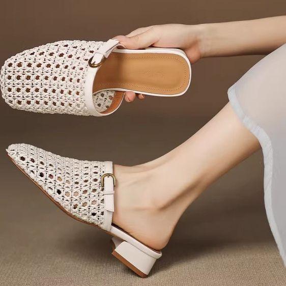 

One pedal, casual mesh, half-drag weaving, breathable and non-grinding feet, hollowed out, retro wind, absolute child, baotou cool slippers, women 36 бежевий