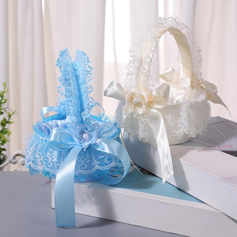 Wedding Flower Girl Basket with Lace Trim Handle Bowknot Flower Baskets for Wedding Ceremony Party Floral Arrangement