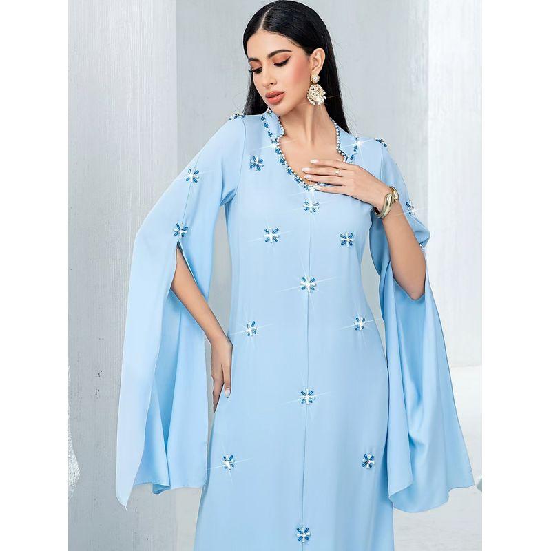 New Arrival Light Blue Long Cuff Sewing Glass Rhinestone Dress Hand Sewn Diamond Dress