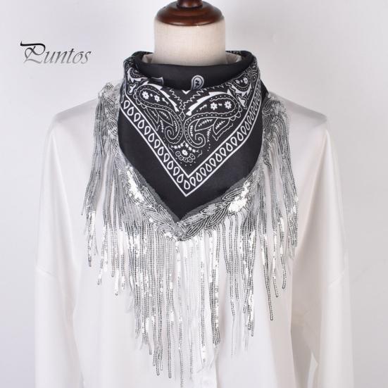 Party Headscarf Sequins Scarf Exquisite Pattern Tassel Design Non-Fading Washable Quick Dry Fringed Bandana Decorative Polyester Women Beautiful for