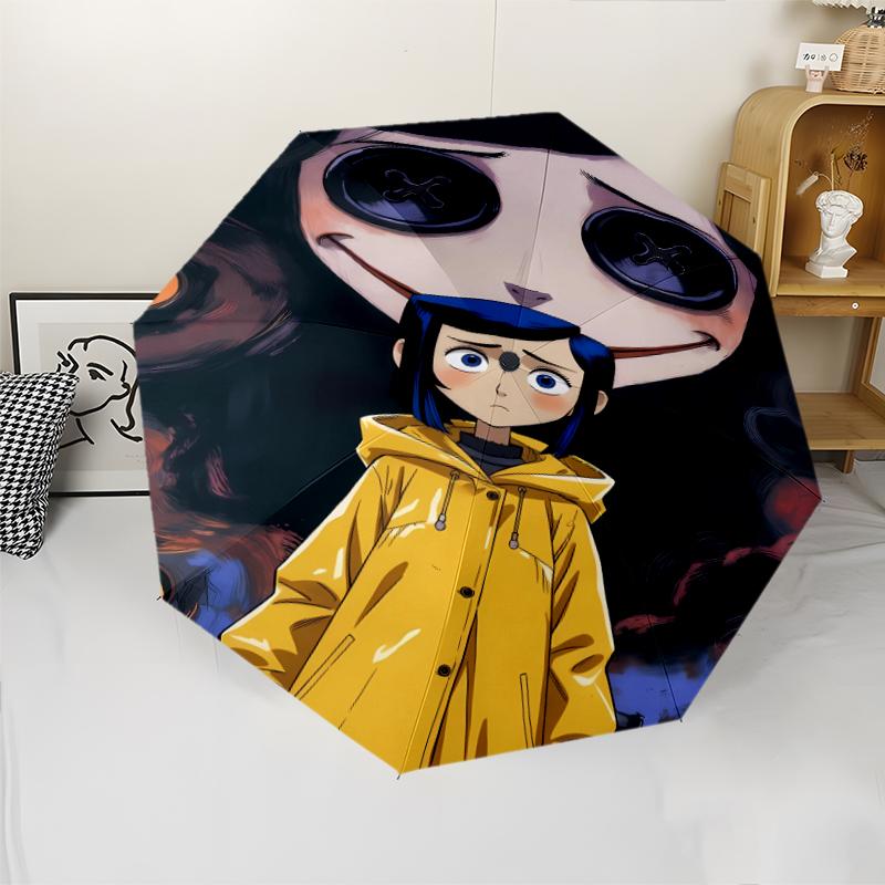 Coraline Print Automatic Umbrella, 8 Rib Iron Frame, Plastic Handle, Suitable for Outdoor Travel &Daily , Ideal Gift