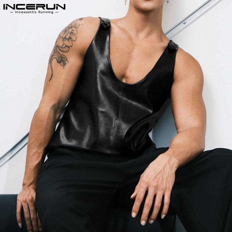 

INCERUN Men Low Cut Neck Sleeveless PU Leather Casual Loose Tank Tops Tee M