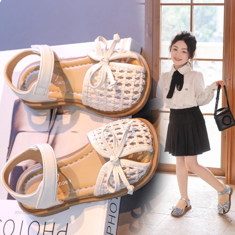 Girls Half Sandals Weave Trendy Soild Color Children Princess Shoes with Simple Bows 2025 Summer New Kids Beach Shoes Non-slip