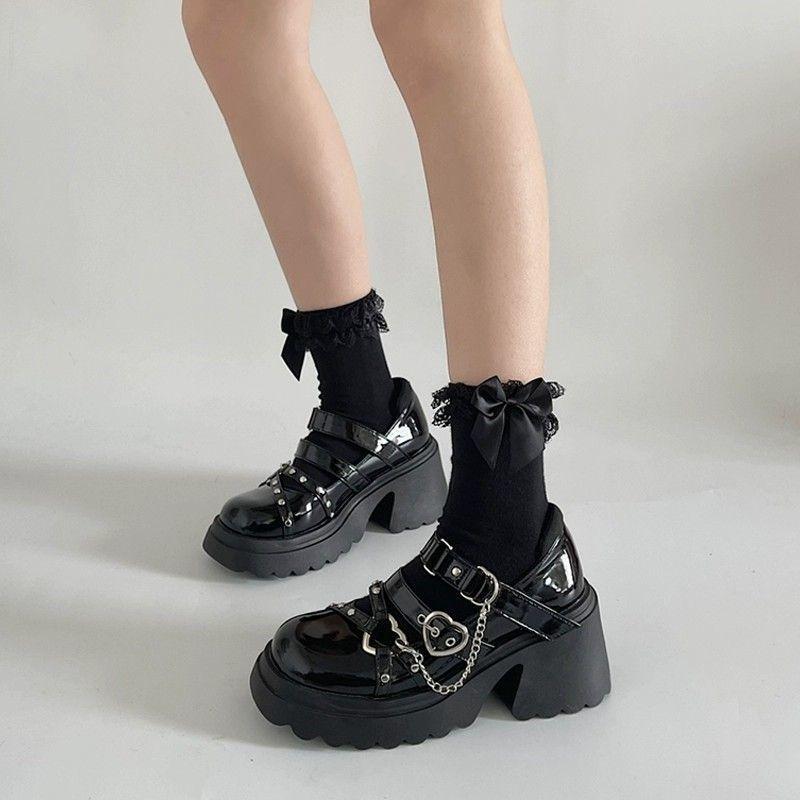 Fashion Punk Dark JK Uniform Mary Janes Shoes Thick Heel Women's Shoes Rock Chick Short Height Increase Platform Casual Shoes for Ladies