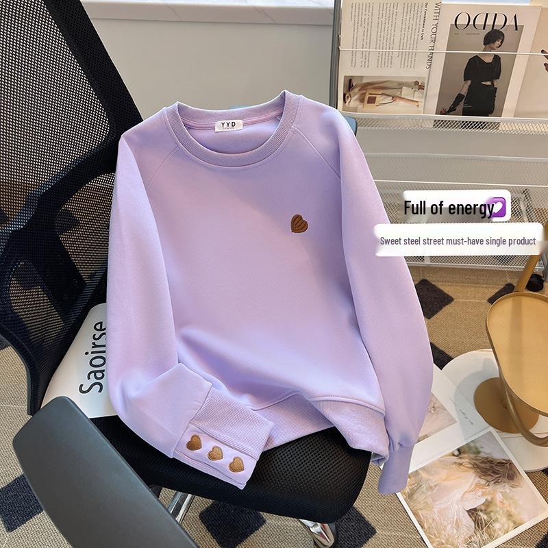 Women's Heart Embroidery Crewneck Sweatshirt: American Style, Long-Sleeved, Versatile, and Age-Reducing for Spring and Autumn.