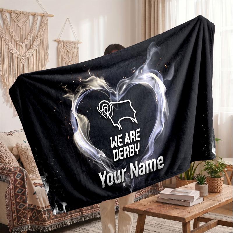 Derby County Personalisierte Fleecedecke Mit Fußballlogo, Individueller Name Text Weiche Warme Wohndecke