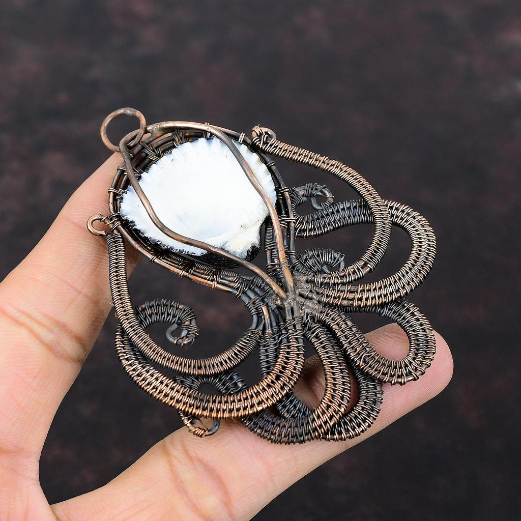 Titanium Coated Shell Pendant Copper Wire Wrapped Gemstone Pendant Octopus Pendant Handmade Band New Pendant Copper Jewelry Engagement Gifts
