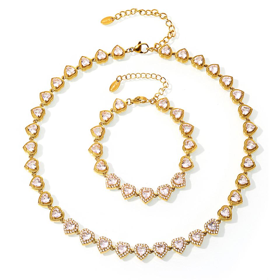Stainless Steel Chain Necklace Bracelet With Heart Zircon For Women 18k Gold Plated Women's Necklaces Bracelets Luxury Zircon