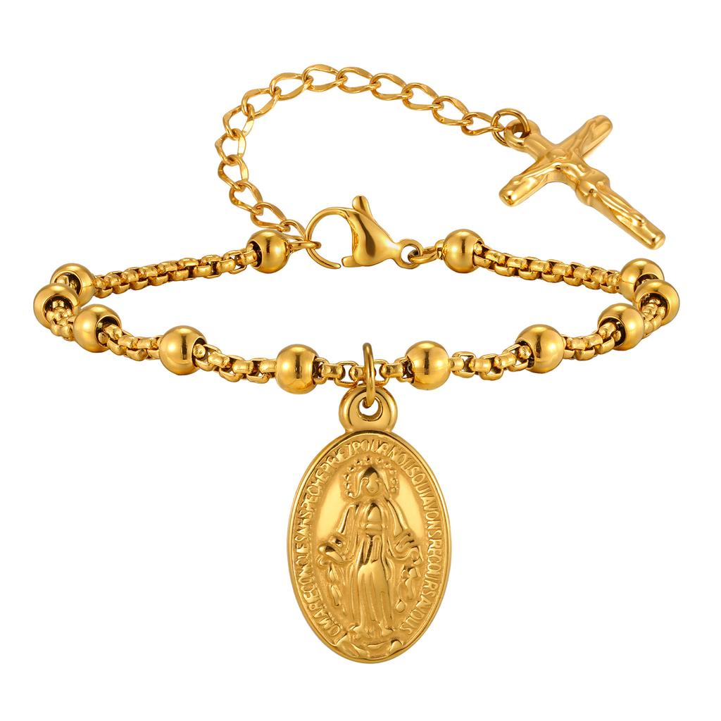 Religious Jesus Cross Rosary Bracelet for Women, Stainless Steel Virgin Mary Charms Bracelets Gold Plated Prayer Jewelry