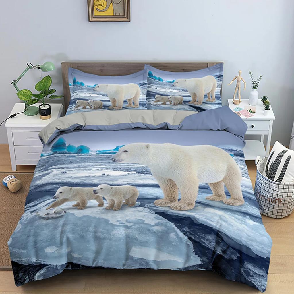 Polar Bear Duvet Cover 3D Lovely White Arctic Animals Kids Teens Women Wildlife Arctic Scenery Theme Quilt Cover Room Decoration