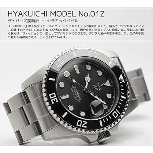 HYAKUICHI 101 Diver's Watch 20 ATM Water Resistant Ceramic Bezel Calendar Watch Metal Band Men's (Black)