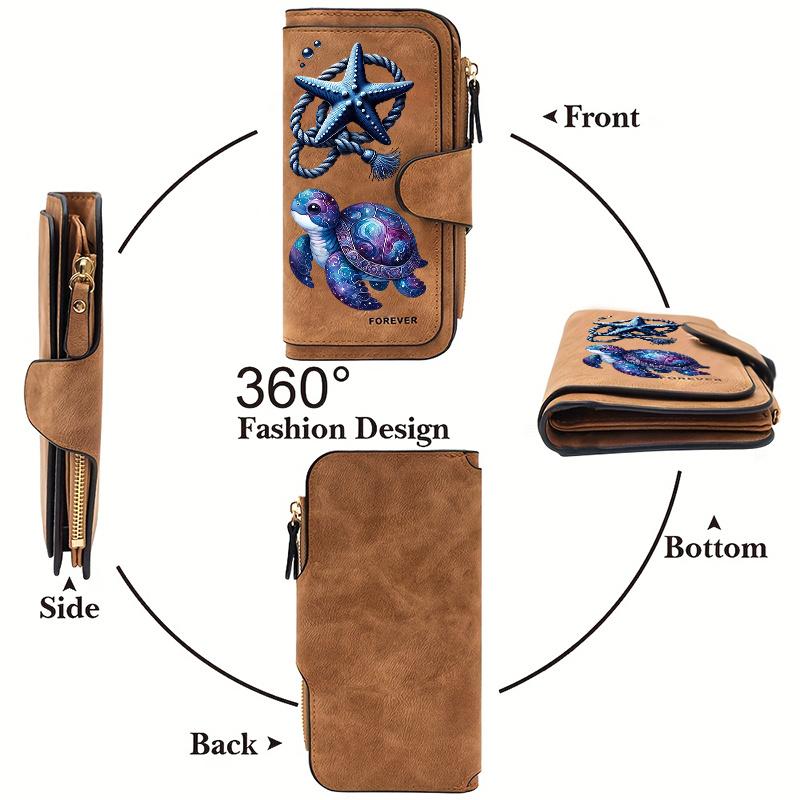 1 Piece Turtle Starfish Women's Long Wallet Tri-fold Card Holder with Multiple Slots Printed Zipper Wallet Cash ID Credit Card Organizer for Travel