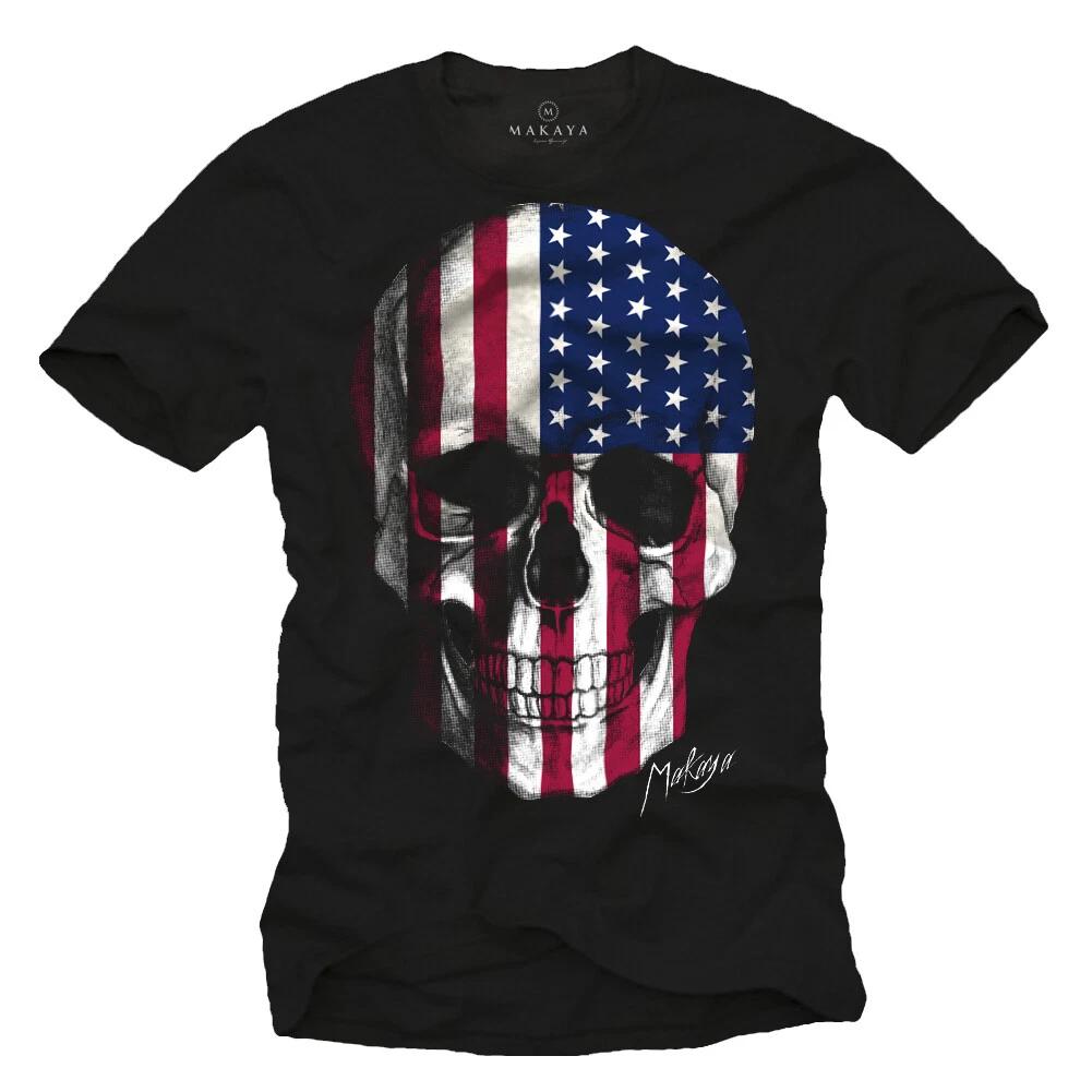 USA Skull Men s T-Shirt with America Flag - Men s US Biker Skull Shirt- 2XL