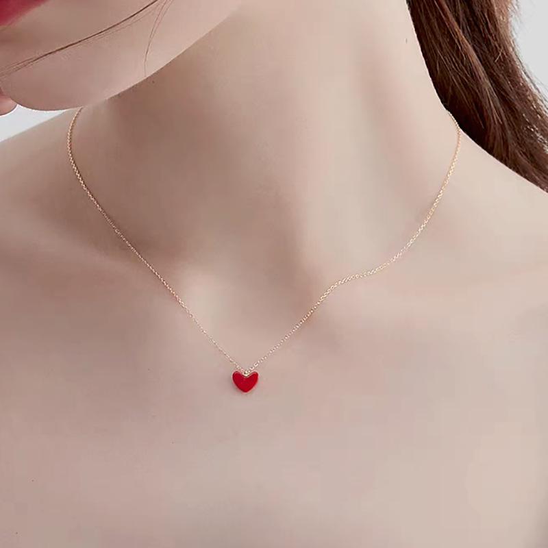 Liu Yifei Red Heart Necklace & Earrings Set, 18k Gold-Plated Heart Pendant with V-Shaped Clavicle Chain.