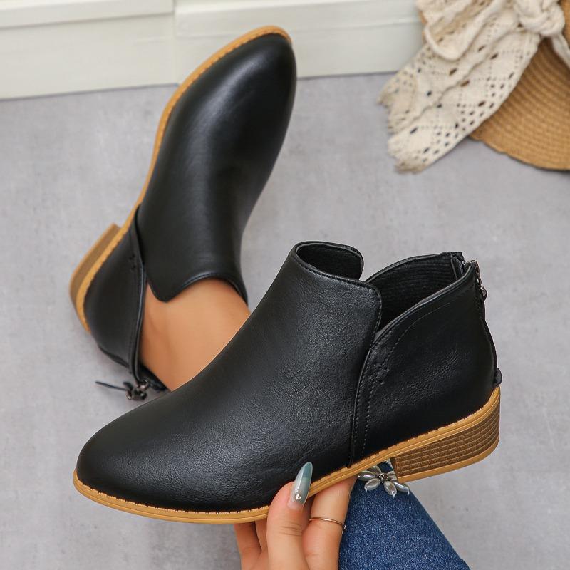 Large size leather boots women's boots solid color thin pointed rear zipper casual thick sole thick heel Martin boots women's single