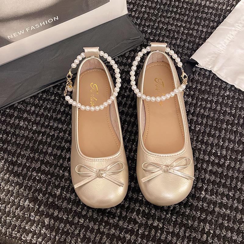 2025 summer pearl bow single shoes round head flat ballet shoes evening fairy wind Mary Jane shoes