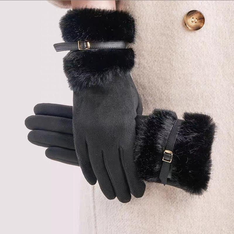 New Women Autumn and Winter Warm Gloves Korean Version Plush Fashionable Temperament Gloves Touch Screen Windproof Suede Gloves
