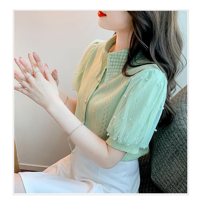 Elegant Beaded Mesh Puff Sleeve Lace Shirt Women Summer Versatile Hollow Out Cardigan Top