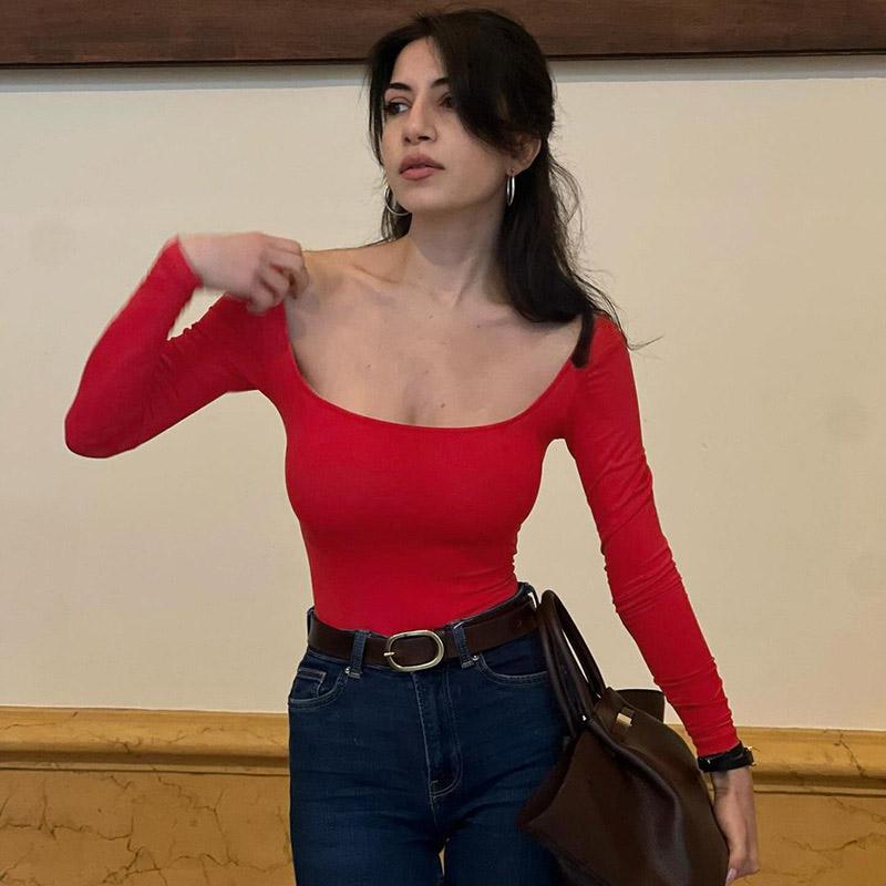 Sexy Slim Fit Square Collar T-Shirt Women Long Sleeve Solid Basic Top Spring Autumn Low Cut Simple Pullover