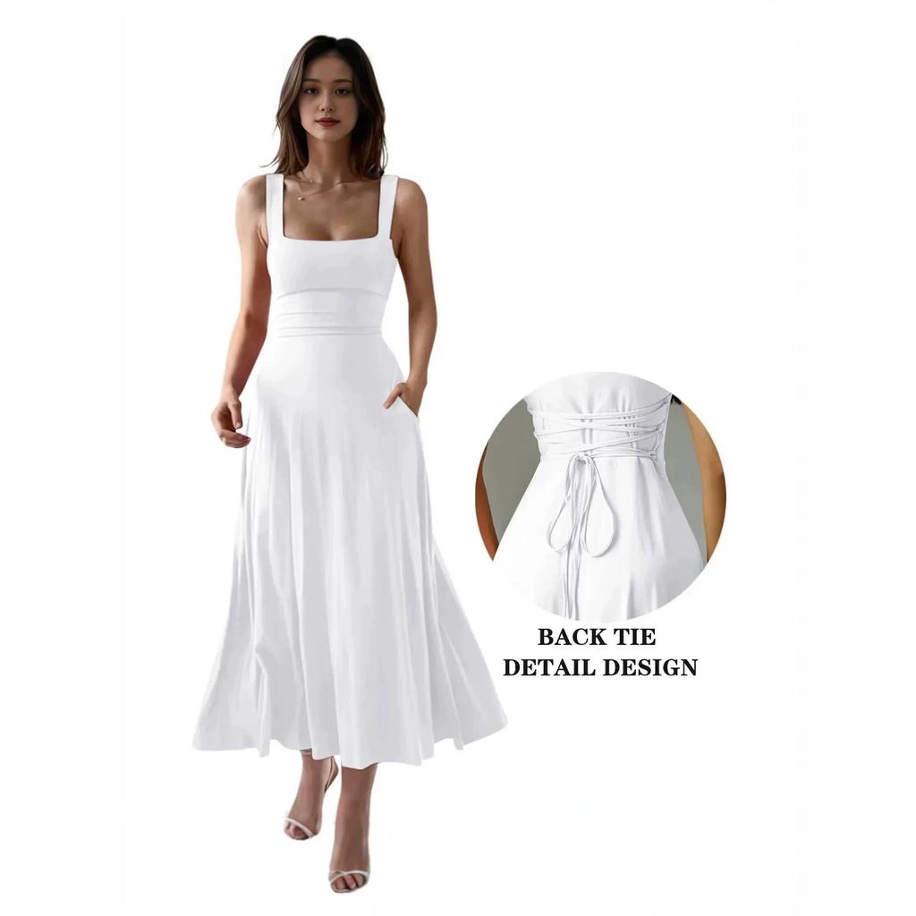 Damen Dickes Träger Square Neck Rückenbindung Figurbetontes Maxikleid A-Linie Party Abend Langkleid