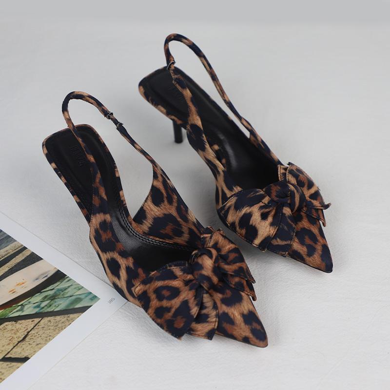Fashion Summer Sexy Leopard Print Ladies High Heels Sandals Brand Designer Elegant Bowknot Pointed Toe Dress Party Stiletto Women Shoes