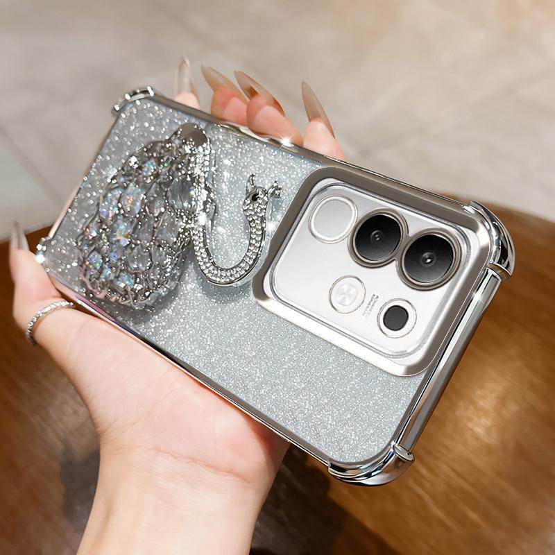 KEYSION Shockproof Plating Phone Case for VIVO Y29 4G Clear Soft TPU Glitter Jewelled Swan Kickstand Back Cover for IQOO Z10X 5G