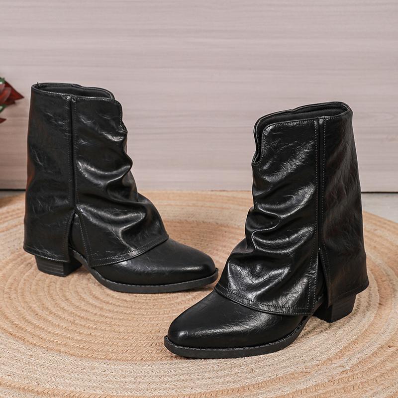 Plus Size Fashion Chunky Heel Ankle Boots Women Pointed Toe Slip On Fold Over Boots Woman Autumn Winter Black PU Leather Booties