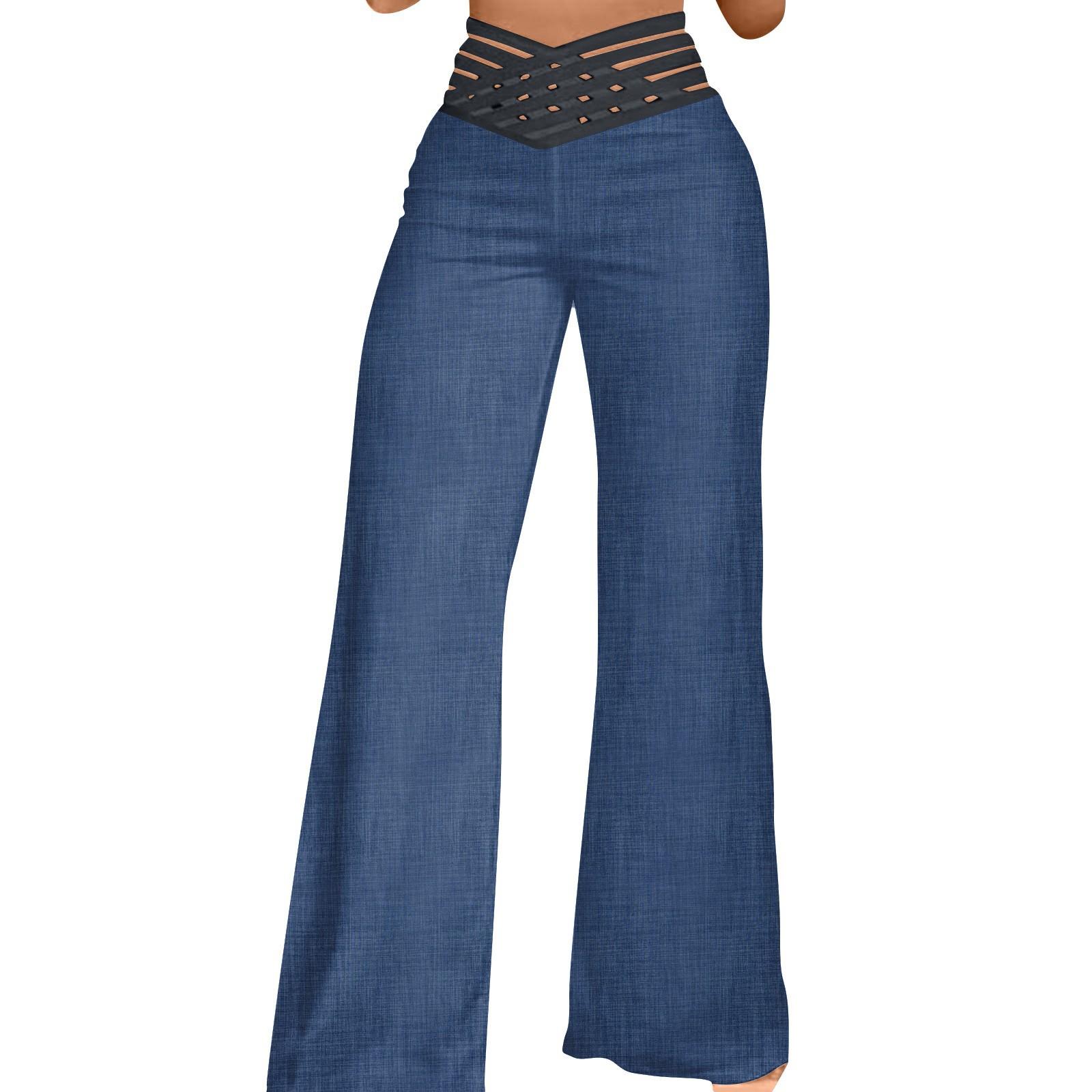 

Женские брюки с полым поясом, расклешенные брюки, повседневные брюки с высокой талией и широкими штанинами XXL светло-синий