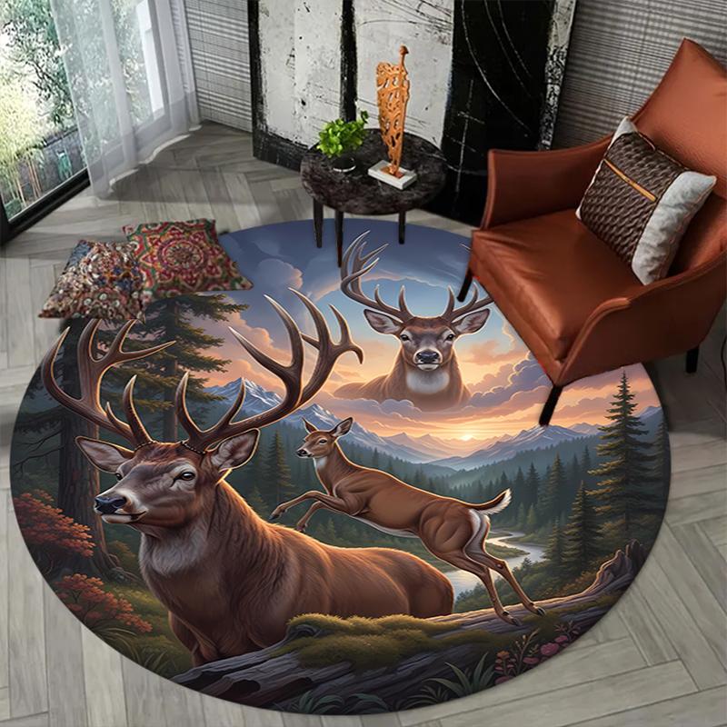 Deer Bear Wolf Round Area Rug,Carpet Rug for Living Room Bedroom Sofa Playroom Decor,Non-slip Floor Mat
