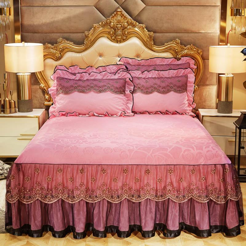 Velvet Lace Bed Skirt European-Style Embossed Bedspread Non-Slip Protective Cover Autumn and Winter Warm Bedding