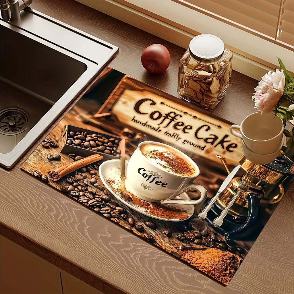 1Pcs Dish Rubber Drying Mat With Coffee Themed Print  For Coffee Shop Restaurant Kitchen Carpet Tableware Durable Diatom Mud Table Mat Coffeeware