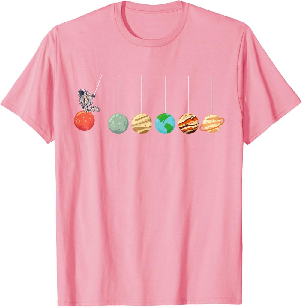 Solar System Pendulum Astronaut Graphic Tee Funny Science Enthusiasts Casual Short Sleeve T-Shirt
