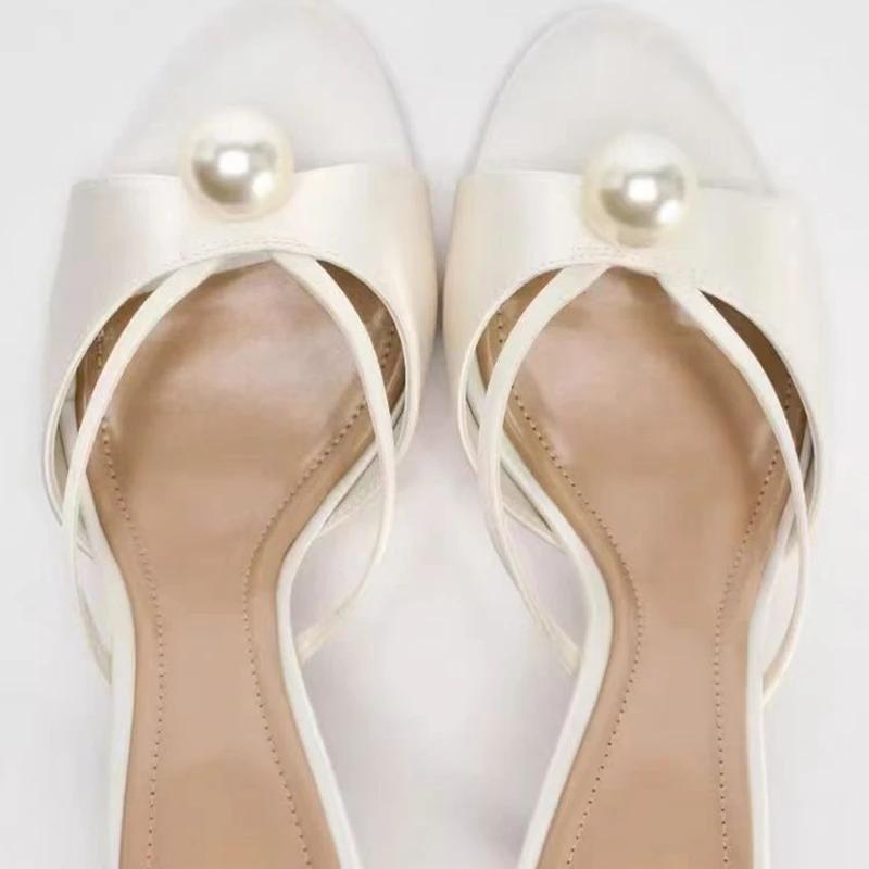 Fashion Luxury String Bead Brand Designer Slippers Women High Quality Satin Narrow Band Slide Sandals Elegant Open-toe Party Dress Shoes